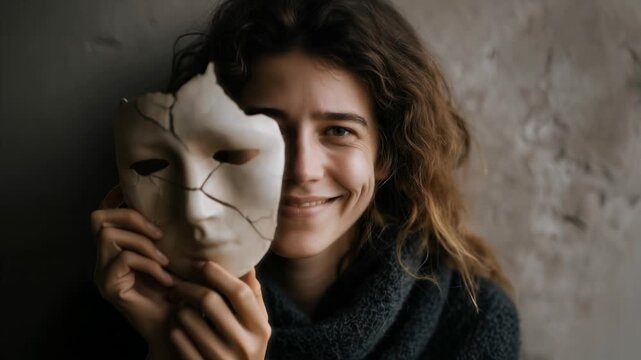 Striking conceptual image of a person holding a cracked mask, symbolizing neurodivergent masking, social masking, and hidden emotions in a moody, artistic style, adhd, autism, audhd