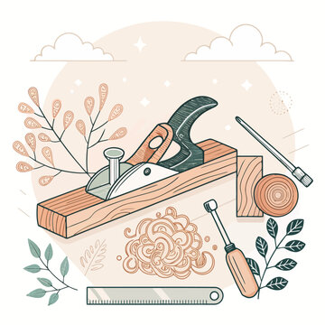 Traditional Woodworking Craft Illustration with Hand Plane, Shavings, and Various Hand Tools for Carpentry Hobbies