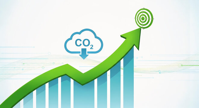 Green arrow graph shows upward trend towards carbon reduction goal with CO2 cloud symbol