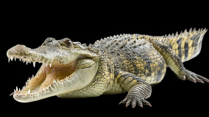 Naklejka premium Powerful crocodile with its mouth wide open revealing sharp white teeth, isolated against a solid black background. Detailed view of the scaly skin and predatory features of this large reptile