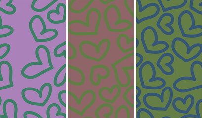 Seamless abstract heart pattern with hand drawn outlines in retro style, playful repeating love shapes in purple green and blue tones with simple flat composition