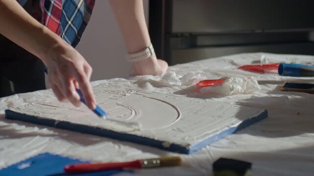 Woman shaping textured paste on white canvas using palette knife on work table