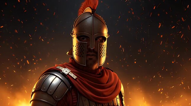 Ferocious Roman centurion warrior wearing a detailed bronze helmet and crimson cloak stands ready amid intense battlefield flames and sparks.