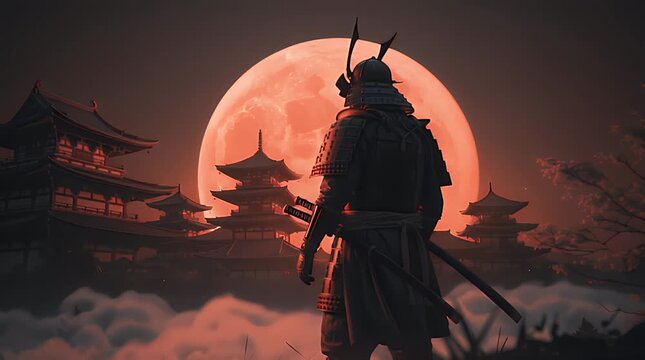 A formidable samurai warrior stands guard in an ancient Japanese landscape, silhouetted against a colossal, glowing orange full moon, overlooking traditional pagodas under a dramatic night sky.