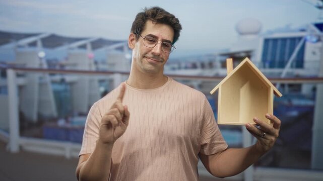 Man wearing glasses holds a wooden house model with one hand and points index finger upward with the other in building; trust homeownership.