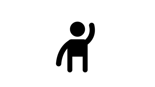 Black stick figure with raised right hand on a white background symbolizing a greeting or a signal person