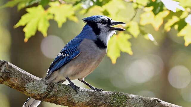 Blue Jay Perched on a Branch with Autumn Leaves