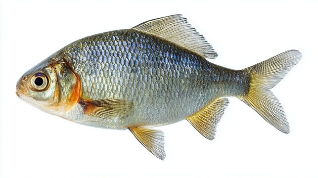A detailed studio shot of a European bitterling fish, Rhodeus amarus, isolated on a white background, featuring shimmering silver scales, orange-tinted fins, and clear anatomical features