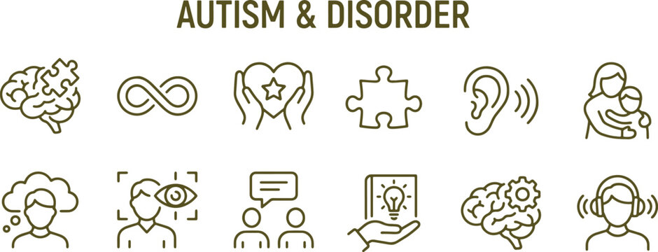Autism disorder icons set with brain puzzle infinity symbol and people  autism awareness symbols with line style in brwon