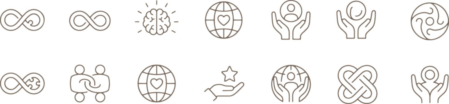 Line icons of infinity heart globe and people hands symbolizing love care and connection in business and social issues concepts  various symbolic illustrations
