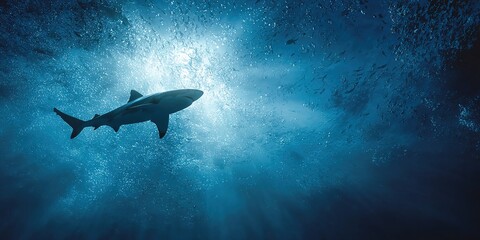 Fototapeta premium Minimalist underwater shot of a shark swimming in the deep blue abyss