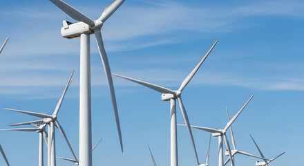 Fototapeta premium Modern wind turbines generating clean renewable energy against a clear blue sky
