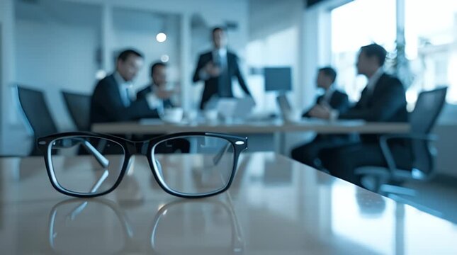 Stylish black framed eyeglasses resting on a reflective conference table represent focus and strategy during an important corporate business meeting occurring in a modern office setting.