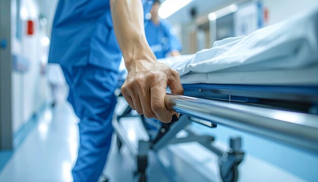日本の救急医療スタッフの手がストレッチャーの金属レールを握り、病院の廊下を急いで搬送するクローズアップ。
緊急対応の緊張感を感じさせる動きと医療現場のリアリティを表現。