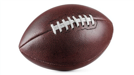 Fototapeta premium A classic brown American football with white laces isolated on a white background, showing detailed leather texture and stitching, perfect for sports marketing and athletic concepts