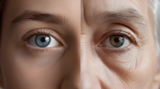 Close-up comparison of two human eyes showcasing the natural progression of aging from youth to old age, highlighting the journey of life.