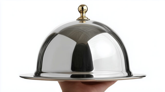 A hand holding a polished silver cloche food cover on a platter against a white background, representing luxury fine dining, gourmet restaurant service, and elegant catering presentation