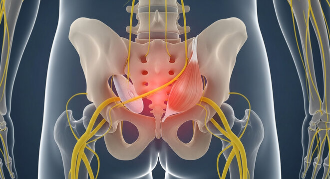 Human pelvis anatomy with sciatic nerve pain in red glowing color for medical education