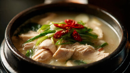 Closeup view of Korean ginseng chicken soup, samgyetang