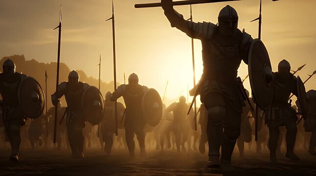 Heavily armored ancient warriors with shields and spears charge forward across open terrain silhouetted against a dramatic sunset sky during battle.