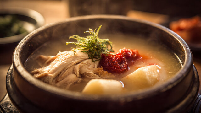 Closeup view of Korean ginseng chicken soup, samgyetang 