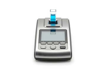 Photorealistic digital spectrophotometer with blue liquid cuvette isolated on white background. Clean scientific equipment model for analytical chemistry and biochemical research.