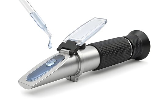Photorealistic handheld refractometer with a glass pipette dropping clear liquid isolated on white background. Clean scientific equipment model for optical analysis and chemistry research.
