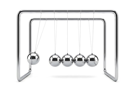 Photorealistic metallic Newton's cradle with swinging ball isolated on white background. Clean scientific model for physics momentum, energy conservation, and business concepts.