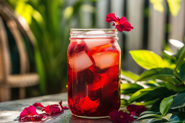 Fototapeta premium Iced hibiscus tea served in mason jar with flowers and greenery