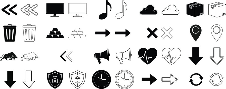 A collection of various black and white icons on a white background isolated on transparent background, Vector