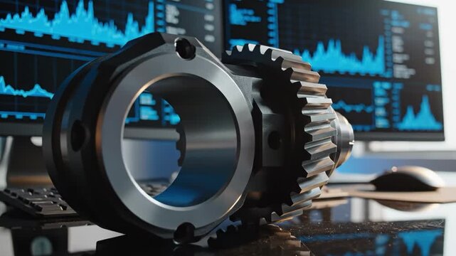 Closeup of a metal mechanical gear part on a desk with data analysis charts on monitors