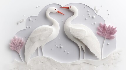 Fototapeta premium Two elegant white cranes with red beaks in quilling paper art style. Love birds concept, for wedding, Valentine day greeting card.