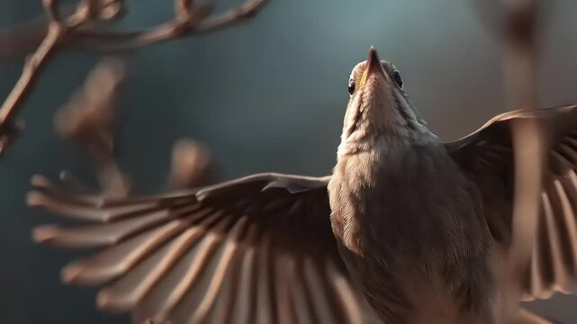 A bird pauses mid-movement as a shadow passes while flying outside.