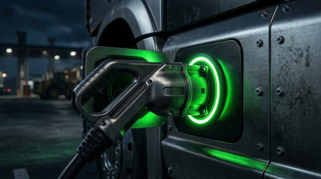 Electric trucks charging with glowing green EV charger plugged into heavy-duty vehicle, representing sustainable logistics, green energy, and future of transportation.