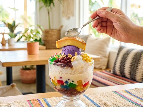 Halo-Halo - A Filipino Dessert Delight with Ube Ice Cream and Sweet Treats.