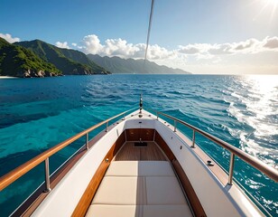 A white boat sails through calm blue waters towards a lush coastline