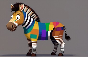 Fototapeta premium Colorful zebra with playful expression stands against gray background