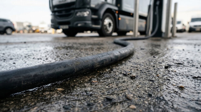 Electric trucks charging with a heavy-duty truck at a station, cable on wet ground, for sustainable logistics, green transport, and future energy infrastructure.
