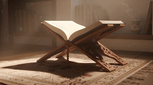 An open holy book, possibly the Quran, rests on a beautiful wooden rehal stand, illuminated by a gentle light in a peaceful, spiritual setting, evoking contemplation and religious devotion.