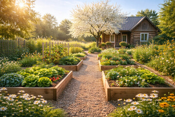 Sustainable backyard vegetable garden with raised beds near a cozy wooden countryside house in warm morning sunlight. 