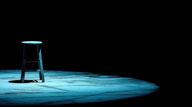 Empty stool on stage illuminated by spotlight in dark theater