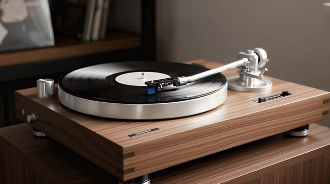 A finely crafted wooden turntable featuring a vinyl record and silver tone arm rests elegantly on a home audio cabinet setup.