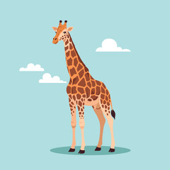 Obraz premium A charming illustration of a tall giraffe with distinctive brown patches standing against a soft blue sky with fluffy white clouds.