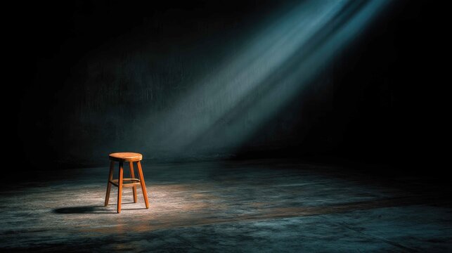 Wooden stool illuminated by dramatic light in a dark space