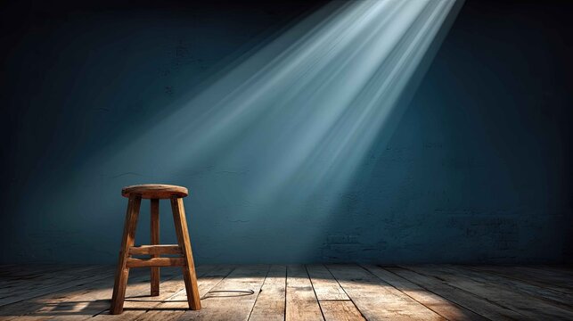 Wooden Stool in Spotlight on Dark Background with Soft Shadows