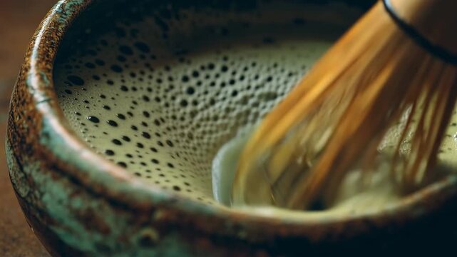 陶器の茶碗で竹の茶筅が点てる抹茶の泡を近接で捉えた一枚