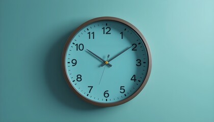Teal wall clock with wooden frame on a teal wall time timepiece