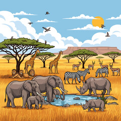 Fototapeta premium A vibrant illustration of diverse African wildlife gathered around a watering hole in a savanna landscape under a sunny sky.