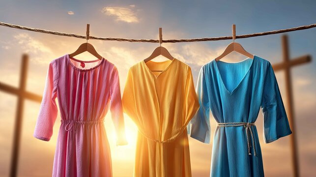 Colorful Dresses Hanging on a Line Against a Sunset Background