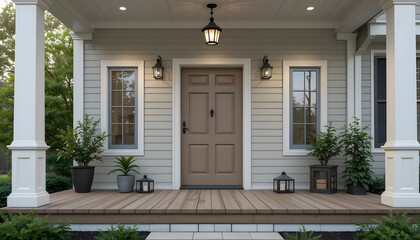 Traditional house entrance with a brown door and windows porch